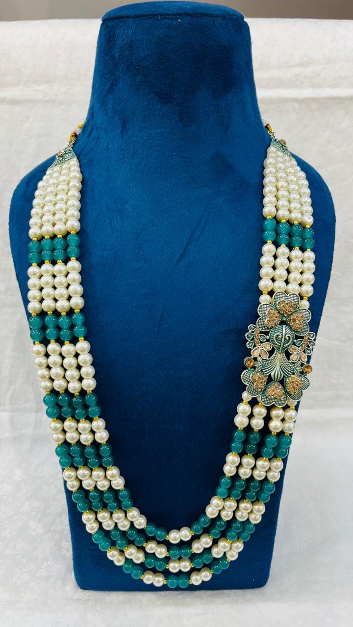 Indian Groom Necklace Set: Green Stone Brooch, Pearl Mala - Golden Attire