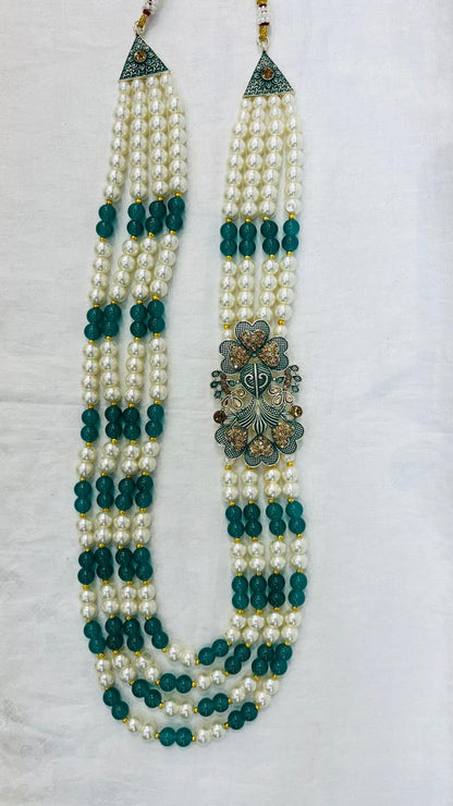 Indian Groom Necklace Set: Green Stone Brooch, Pearl Mala - Golden Attire