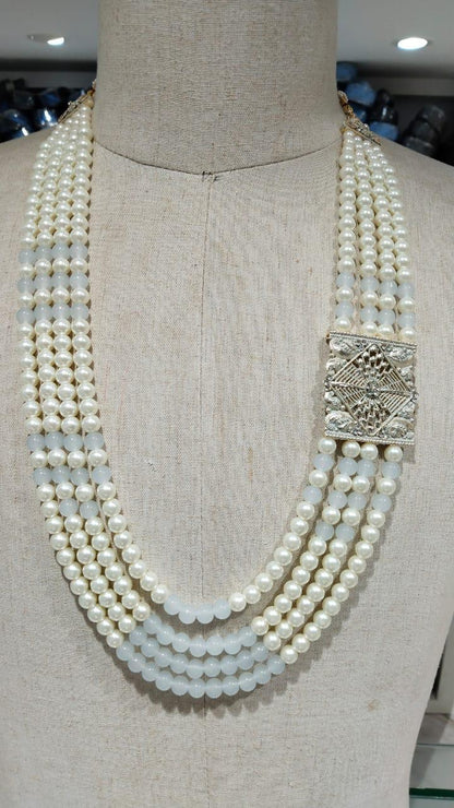 Grey Kantha Kundan Groom Mala: 4-Layered Pearl Sherwani Necklace