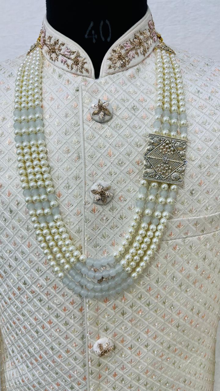 Grey Kantha Kundan Groom Mala: 4-Layered Pearl Sherwani Necklace