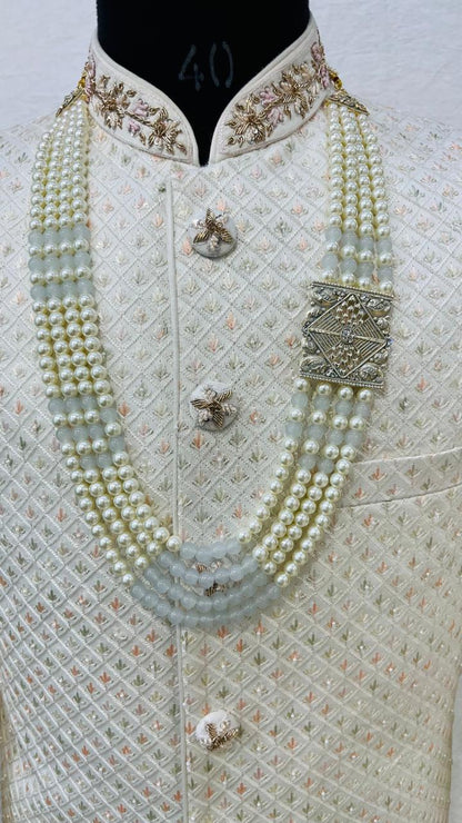 Grey Kantha Kundan Groom Mala: 4-Layered Pearl Sherwani Necklace