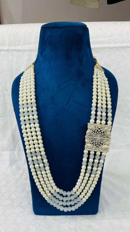 Grey Kantha Kundan Groom Mala: 4-Layered Pearl Sherwani Necklace