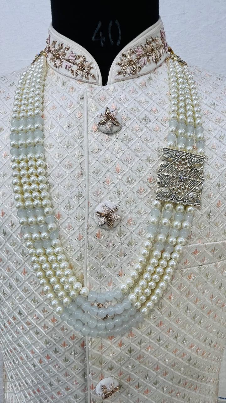Grey Kantha Kundan Groom Mala: 4-Layered Pearl Sherwani Necklace