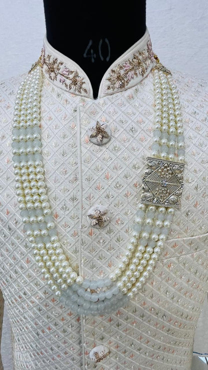 Grey Kantha Kundan Groom Mala: 4-Layered Pearl Sherwani Necklace