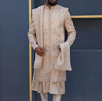 Beige Zardozi Embroidery Sherwani, Indian Groom Wedding Outfit