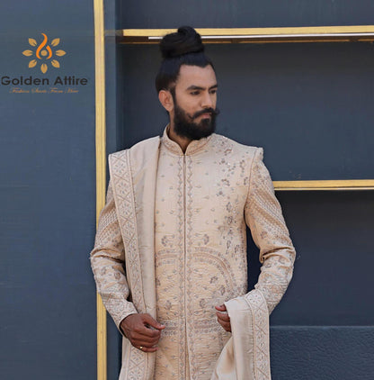 Beige Zardozi Embroidery Sherwani, Indian Groom Wedding Outfit
