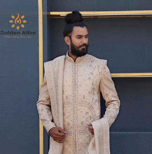Beige Zardozi Embroidery Sherwani, Indian Groom Wedding Outfit
