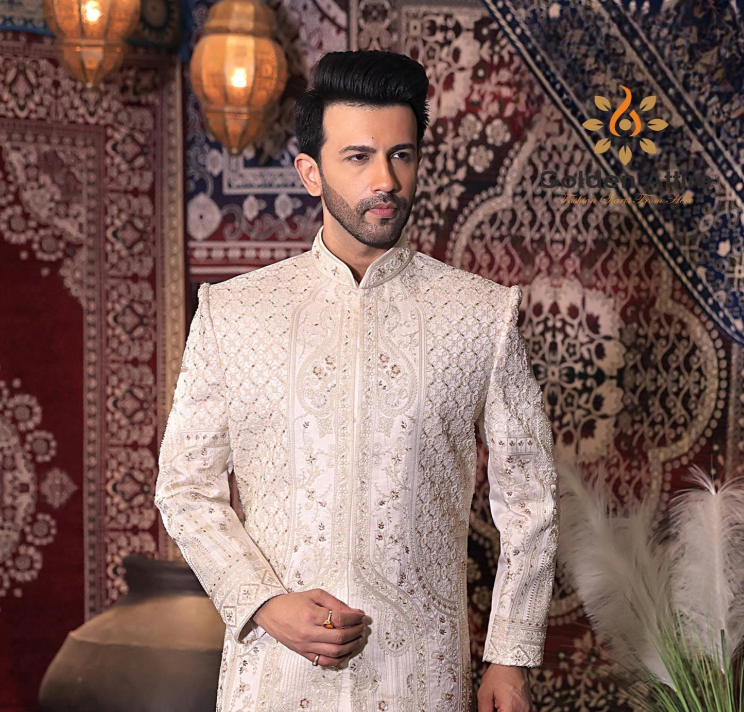 Pink Art Silk Wedding Sherwani, Hand Embroidered Indian Groom Outfit