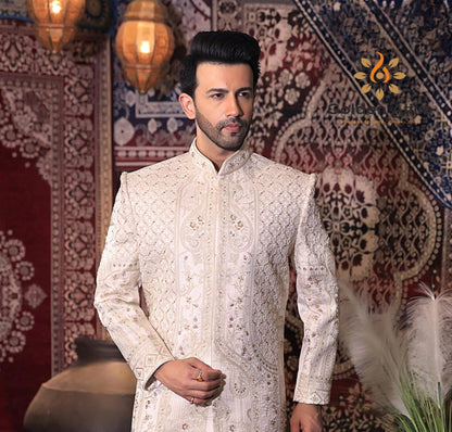 Pink Art Silk Wedding Sherwani, Hand Embroidered Indian Groom Outfit