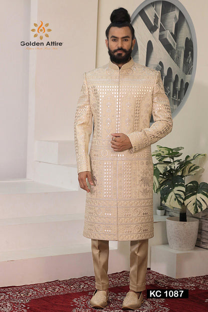 Beige & Gold Embroidered Groom Sherwani, Luxury Art Silk Wedding Outfit