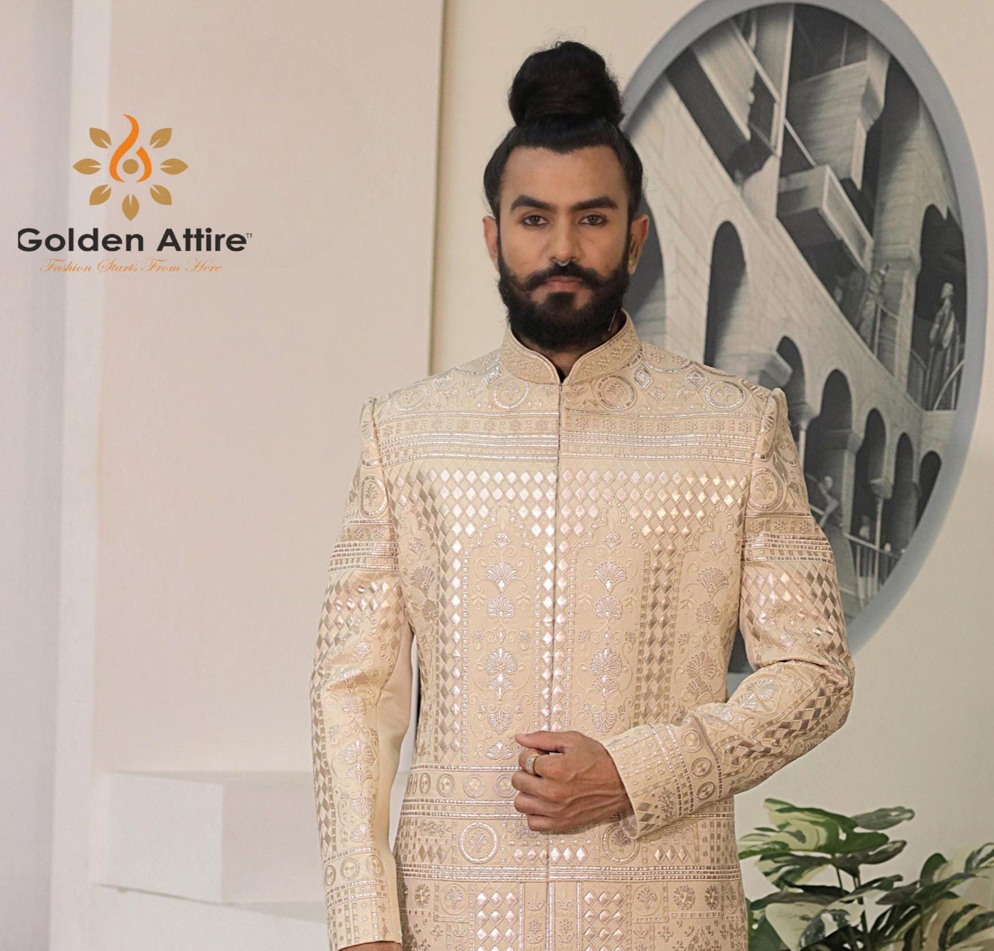 Beige & Gold Embroidered Groom Sherwani, Luxury Art Silk Wedding Outfit