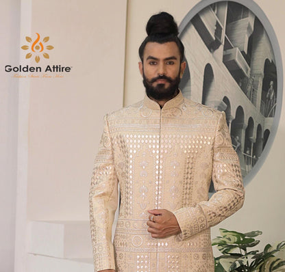 Beige & Gold Embroidered Groom Sherwani, Luxury Art Silk Wedding Outfit