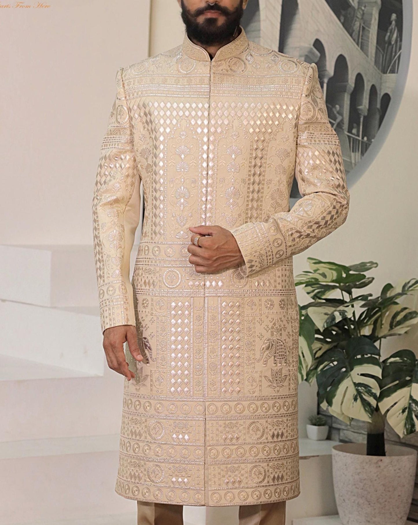 Beige & Gold Embroidered Groom Sherwani, Luxury Art Silk Wedding Outfit