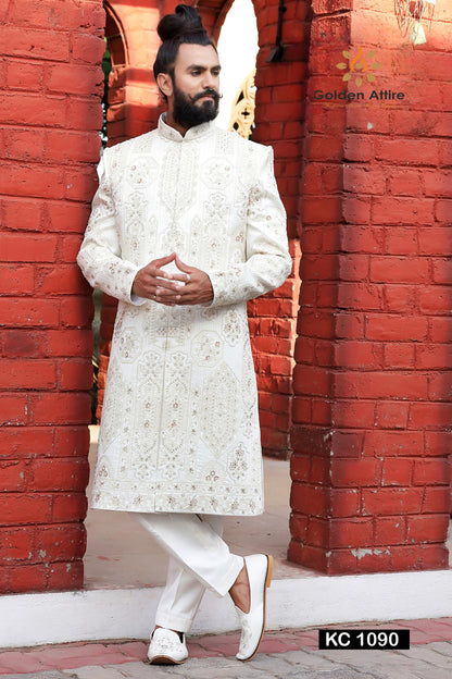 Warm White Art Silk Groom Sherwani: Zardozi Embroidery Wedding Outfit