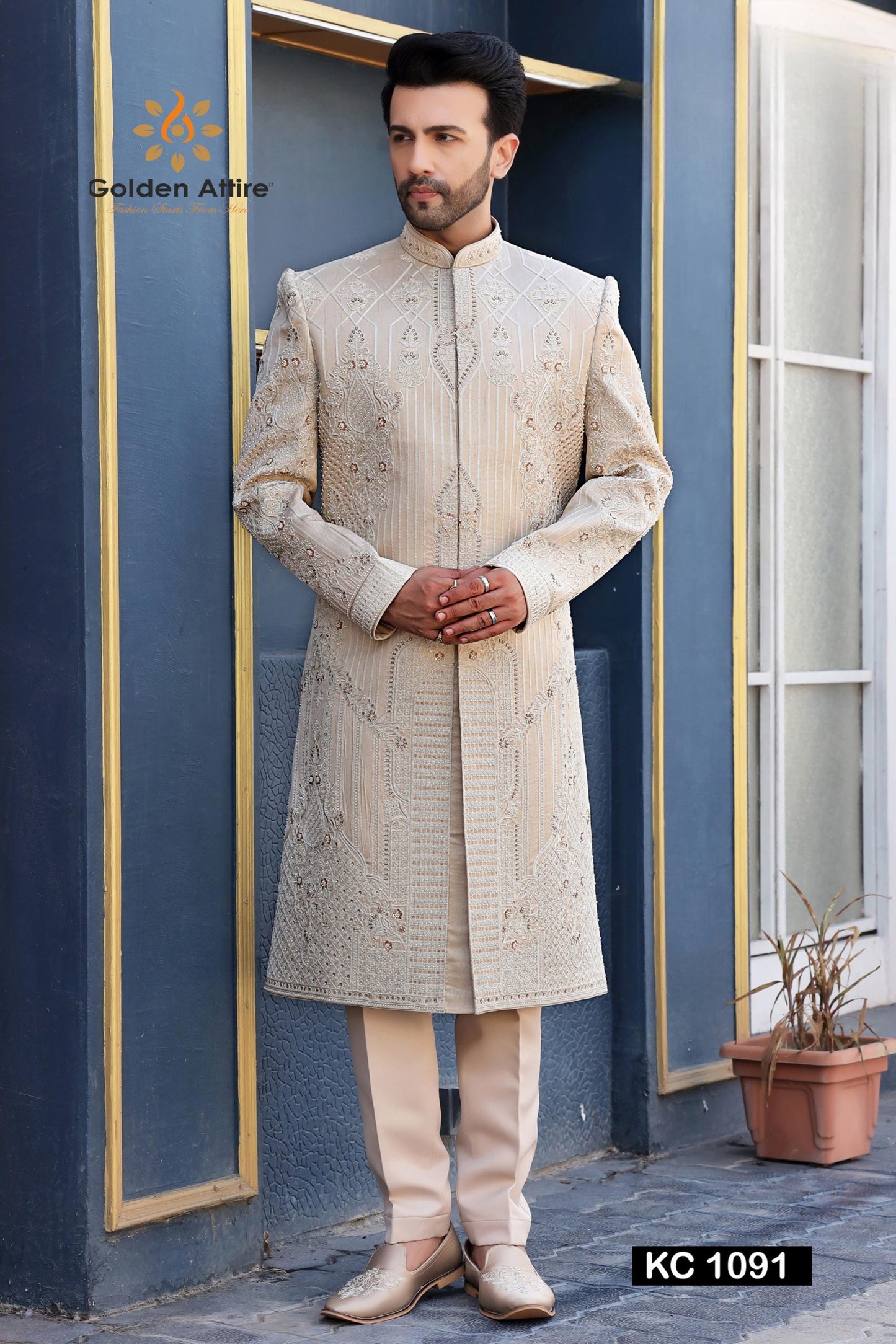 Rose Gold Groom Sherwani: Zardozi Embroidery, Wedding Outfit