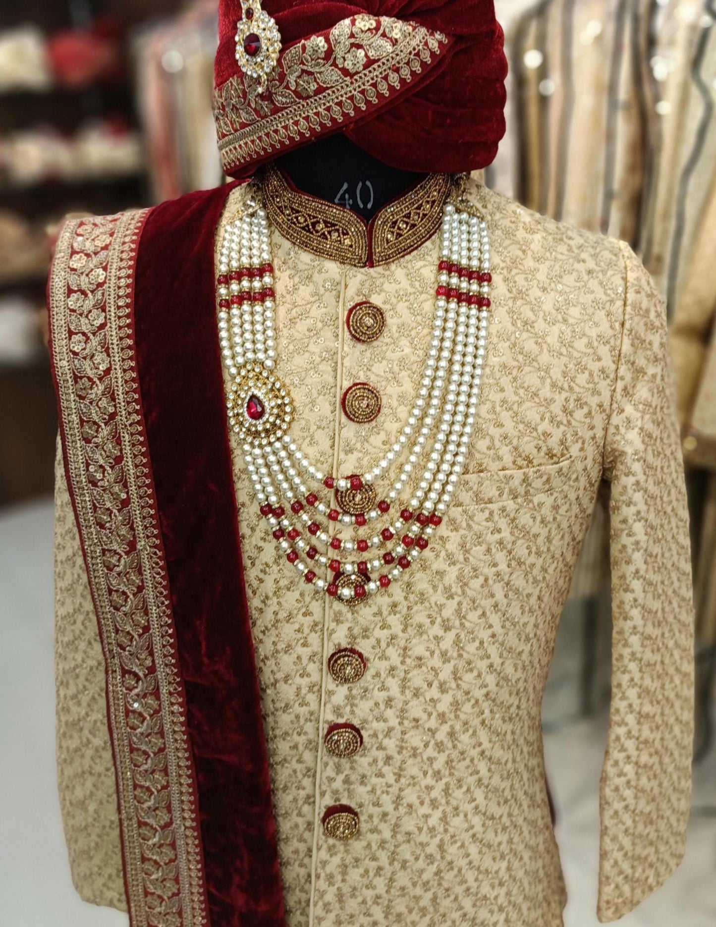 Indian Groom Sherwani Necklace, Pearl & Stone Beads Kantha