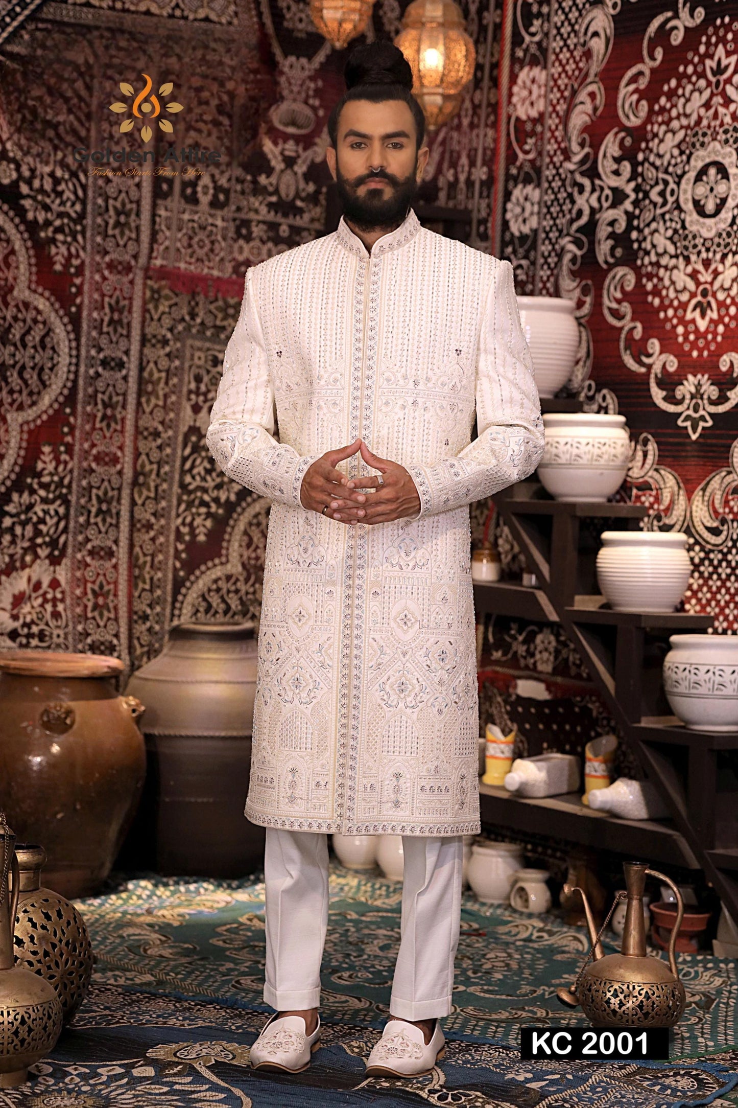 Ivory Groom Sherwani, Zardozi & Thread Embroidery, Wedding Elegant Outfit