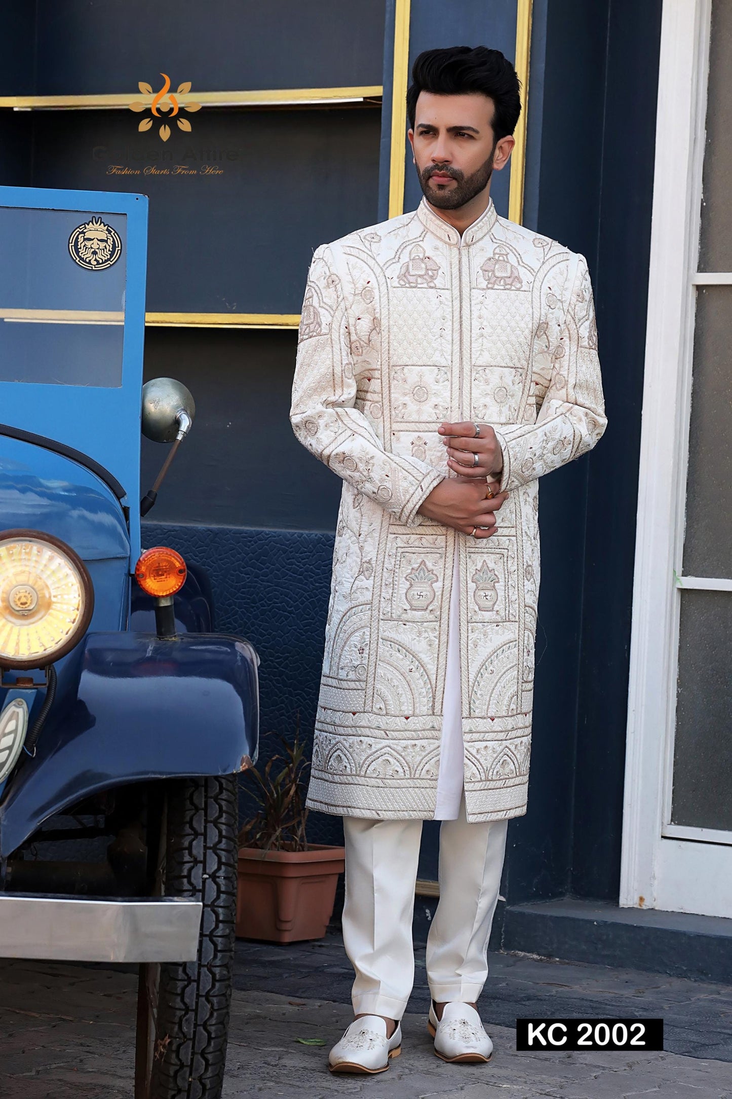 Cream Art Silk Groom Sherwani, Zardozi Embroidery, Indian Wedding Outfit