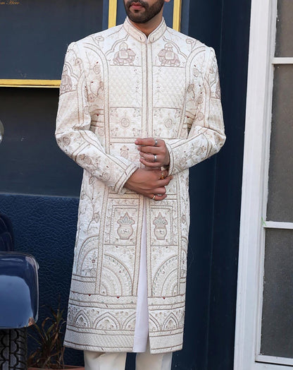 Cream Art Silk Groom Sherwani, Zardozi Embroidery, Indian Wedding Outfit