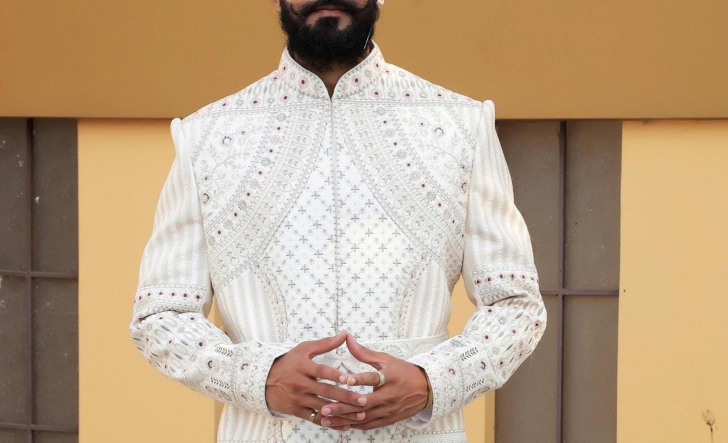 Smoke White Zardosi Sherwani: Indian Wedding Groom Outfit, Customizable Fit