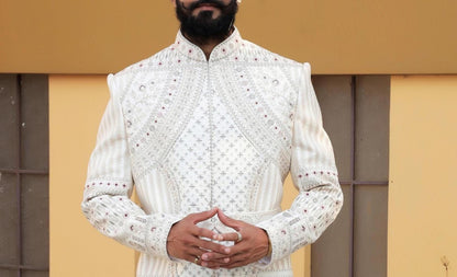 Smoke White Zardosi Sherwani: Indian Wedding Groom Outfit, Customizable Fit