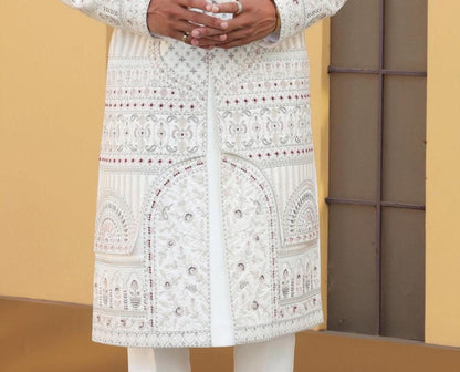 Smoke White Zardosi Sherwani: Indian Wedding Groom Outfit, Customizable Fit