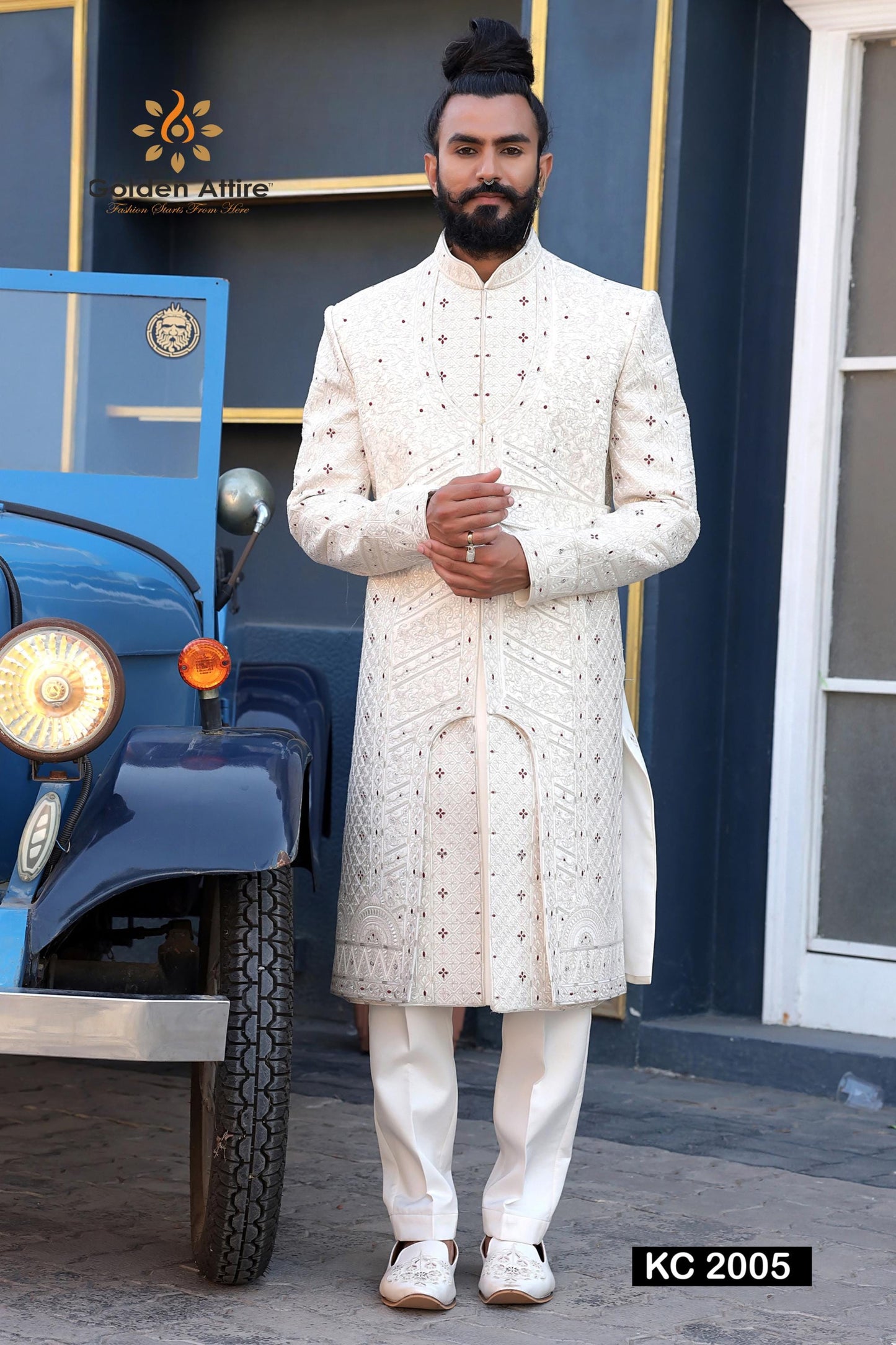 Ivory Art Silk Sherwani with Zardozi Embroidery - Indian Groom Wedding Outfit