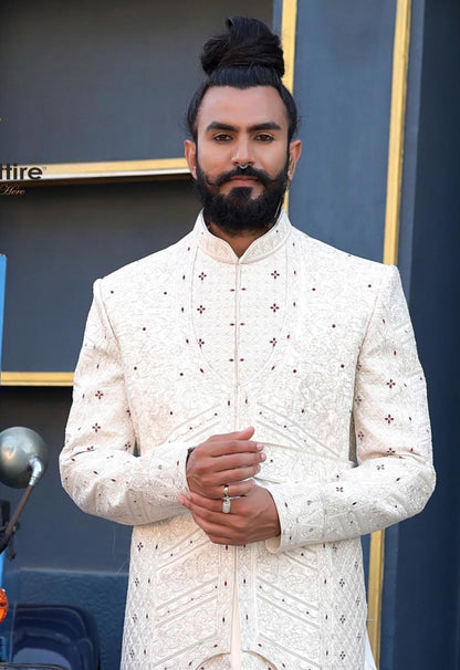 Ivory Art Silk Sherwani with Zardozi Embroidery - Indian Groom Wedding Outfit
