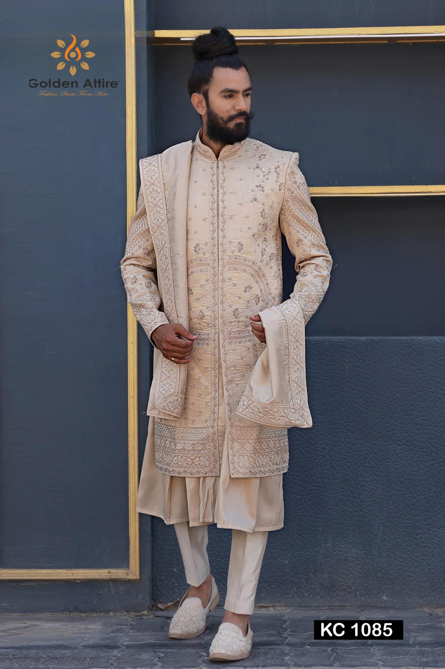 Beige Zardozi Embroidery Sherwani, Indian Groom Wedding Outfit