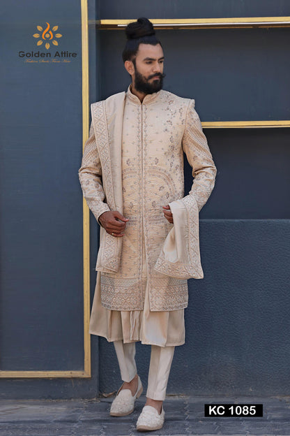 Beige Zardozi Embroidery Sherwani, Indian Groom Wedding Outfit