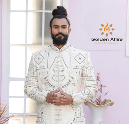 Cream Sherwani For Groom, Zardozi Embroidery Indian Wedding Outfit,