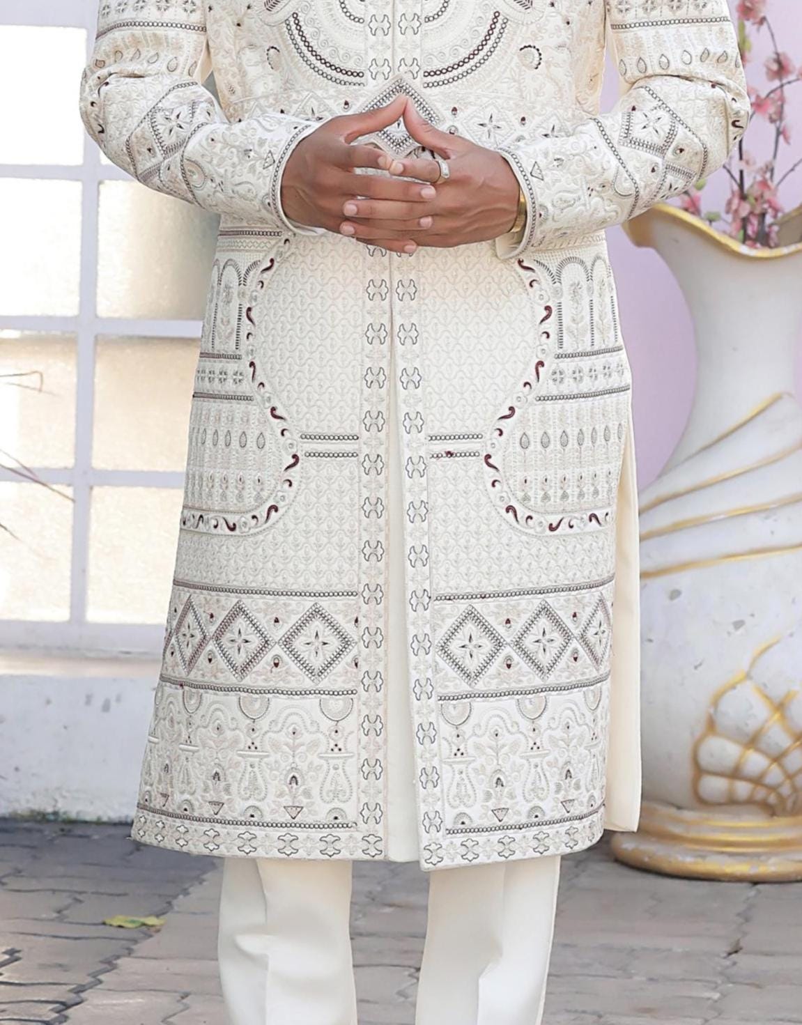 Cream Sherwani For Groom, Zardozi Embroidery Indian Wedding Outfit,