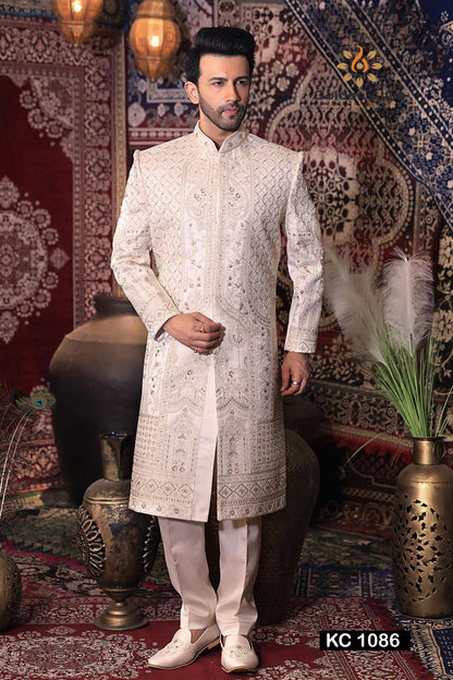 Pink Art Silk Wedding Sherwani, Hand Embroidered Indian Groom Outfit