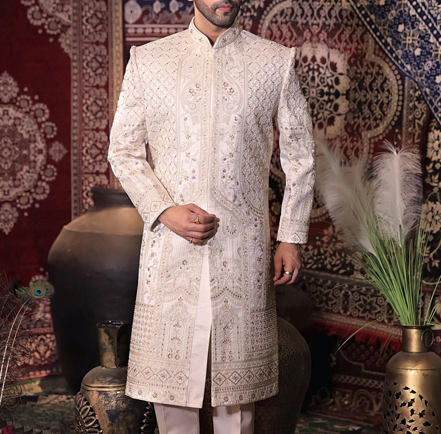 Pink Art Silk Wedding Sherwani, Hand Embroidered Indian Groom Outfit