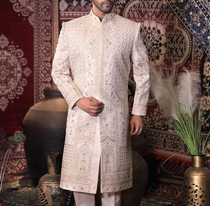 Pink Art Silk Wedding Sherwani, Hand Embroidered Indian Groom Outfit