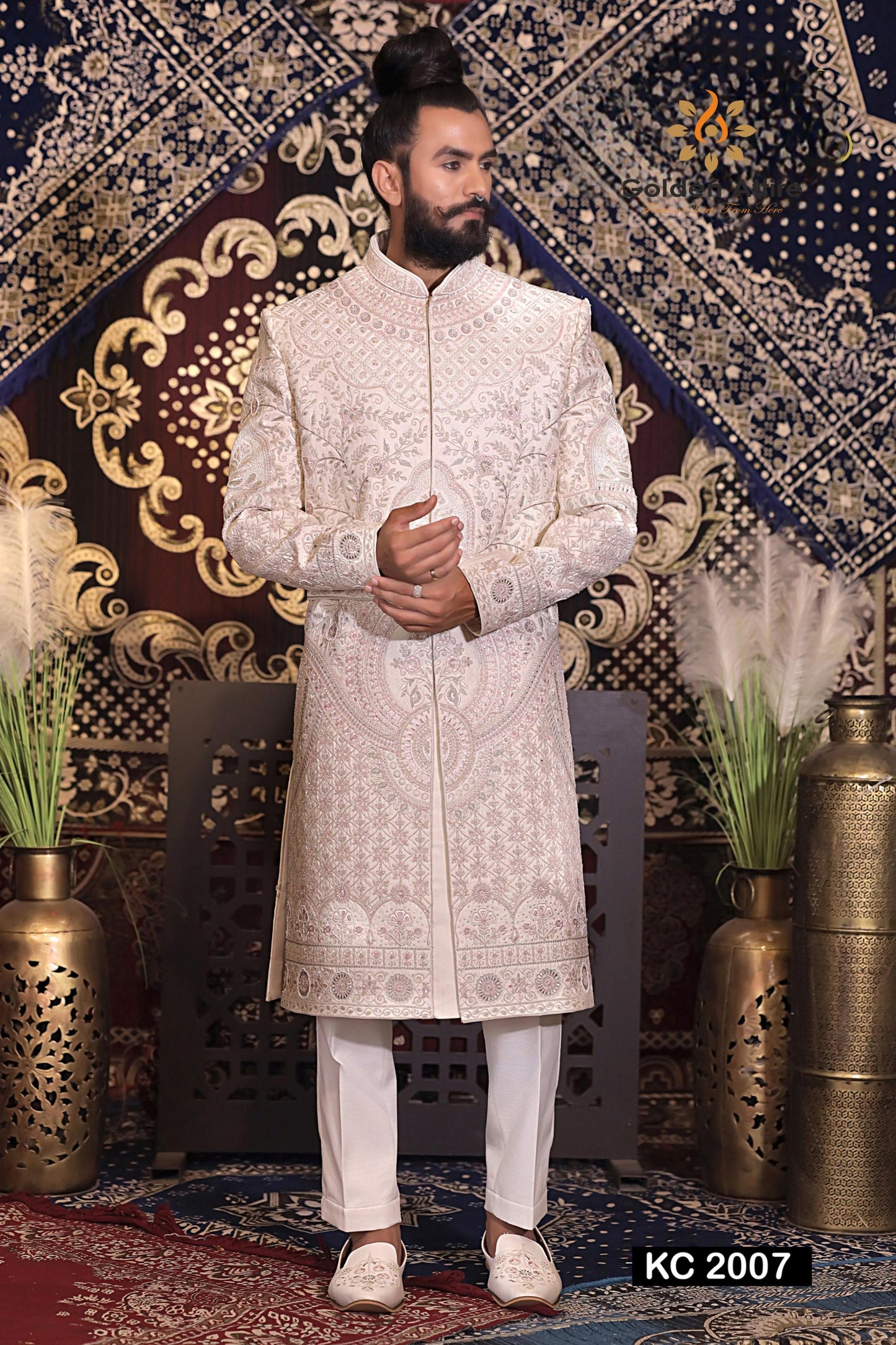 Rose Gold Dulha Sherwani, Art Silk Zardozi Embroidery, Groom Outfit