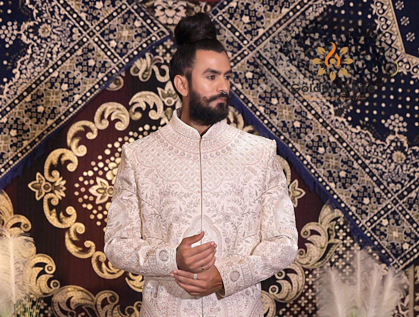 Rose Gold Dulha Sherwani, Art Silk Zardozi Embroidery, Groom Outfit