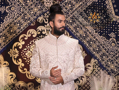 Rose Gold Dulha Sherwani, Art Silk Zardozi Embroidery, Groom Outfit