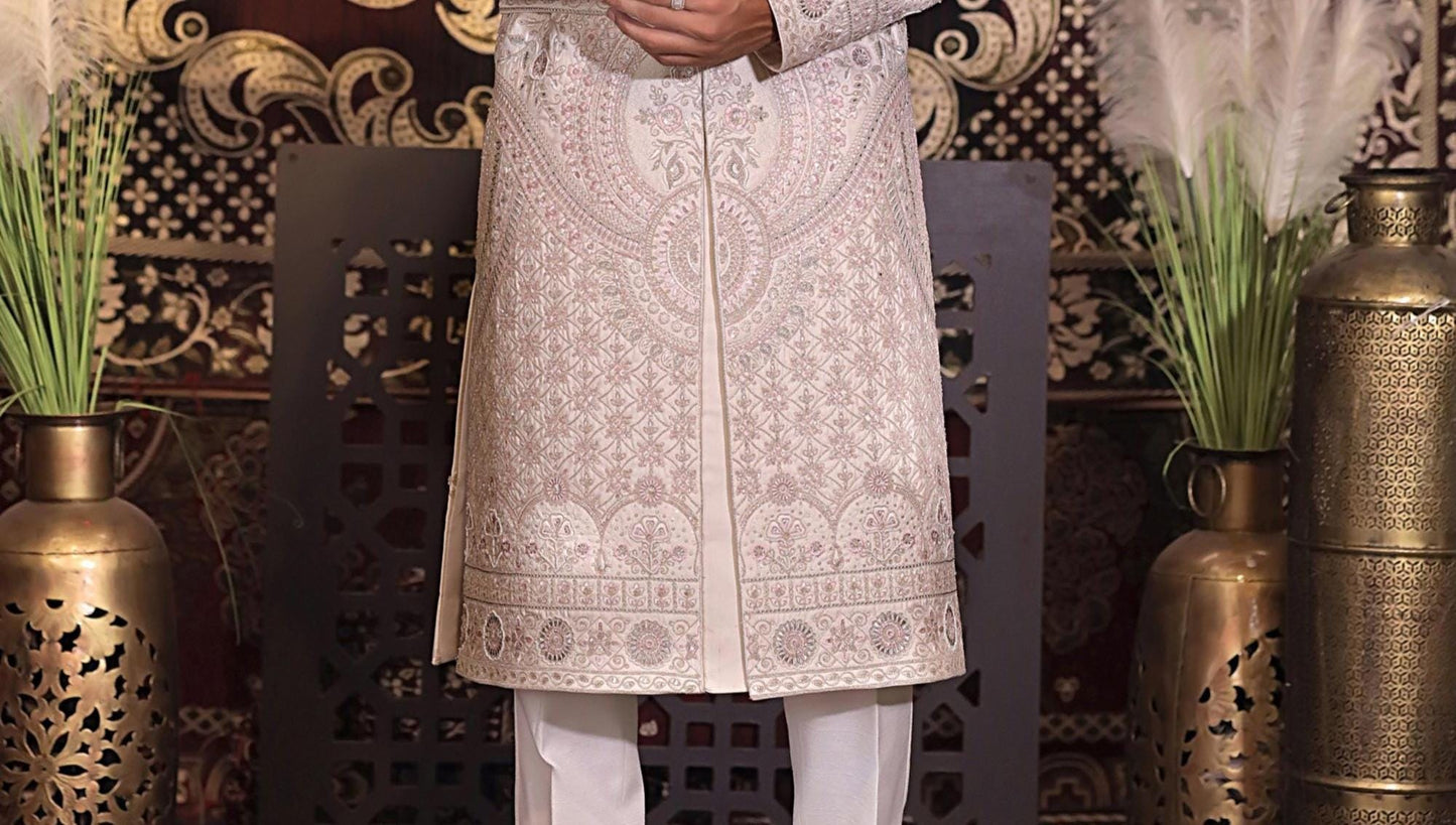 Rose Gold Dulha Sherwani, Art Silk Zardozi Embroidery, Groom Outfit