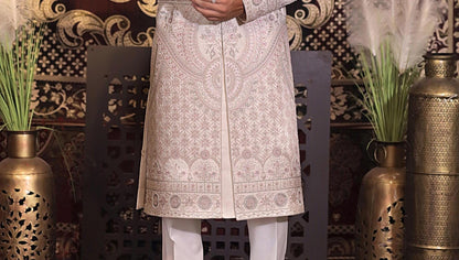 Rose Gold Dulha Sherwani, Art Silk Zardozi Embroidery, Groom Outfit