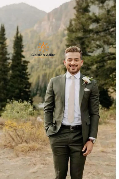 Olive Green Suit, 2-Piece Wedding Set wedding reception Suits for groom, bespoke
