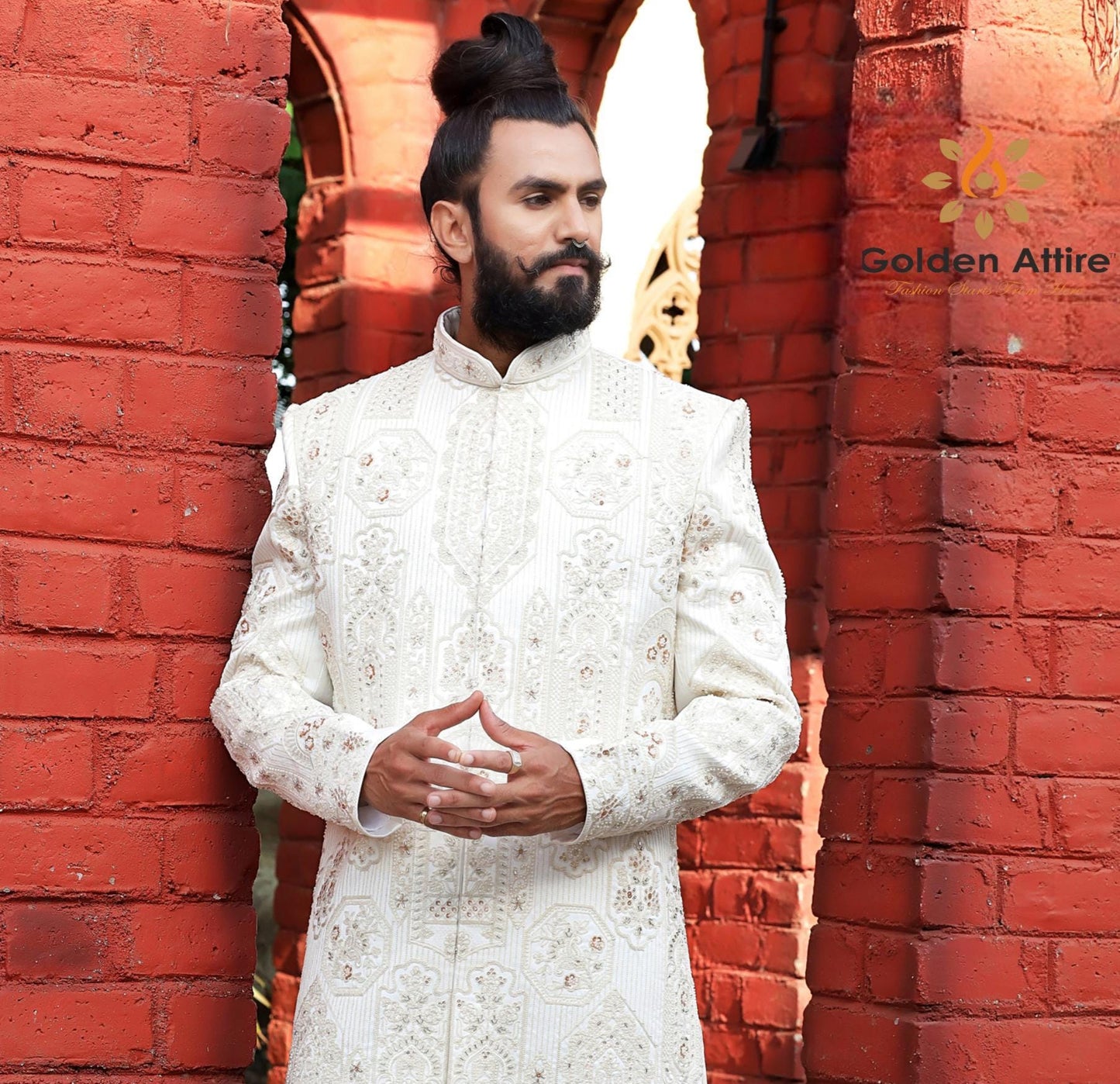Warm White Art Silk Groom Sherwani: Zardozi Embroidery Wedding Outfit