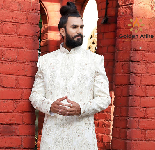 Warm White Art Silk Groom Sherwani: Zardozi Embroidery Wedding Outfit
