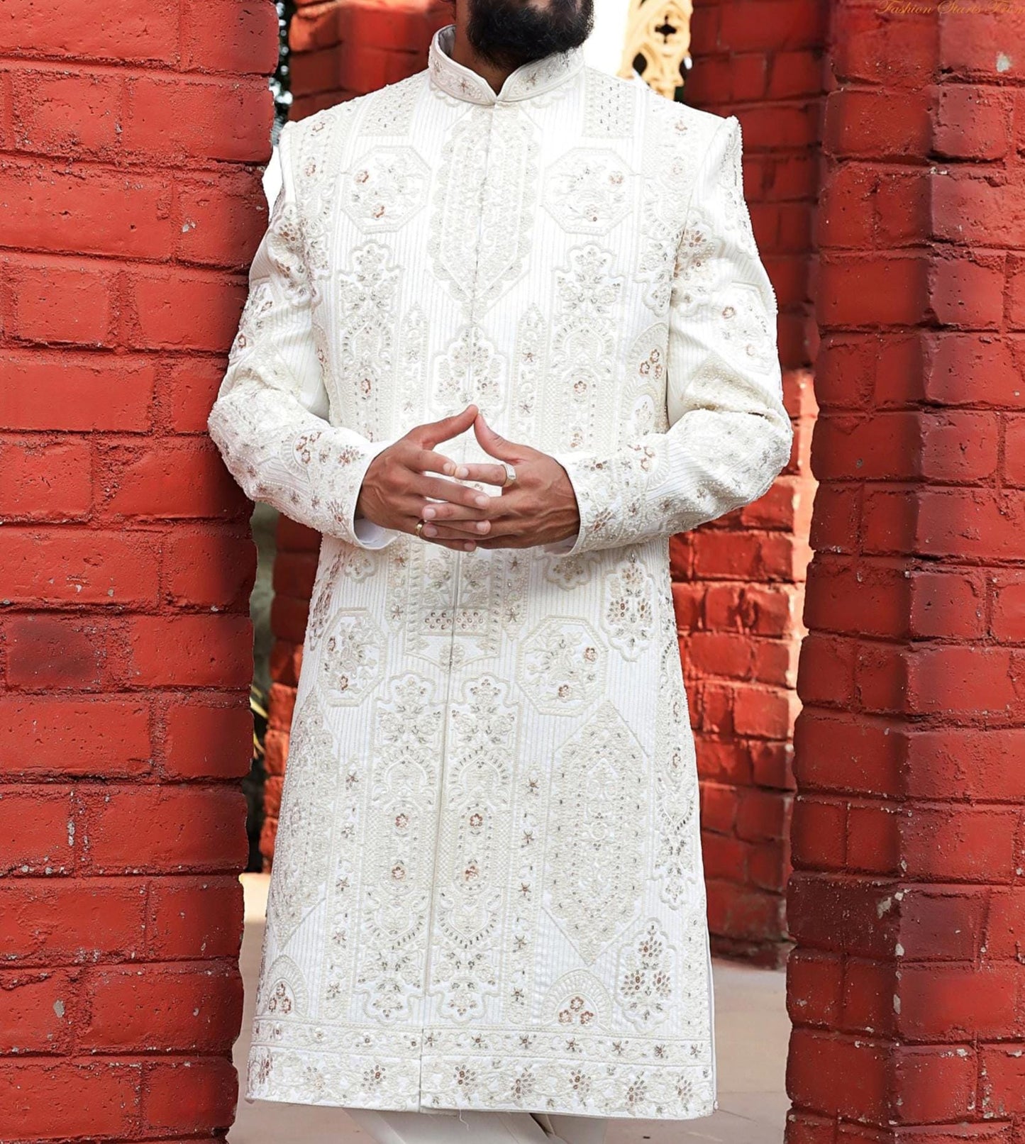 Warm White Art Silk Groom Sherwani: Zardozi Embroidery Wedding Outfit