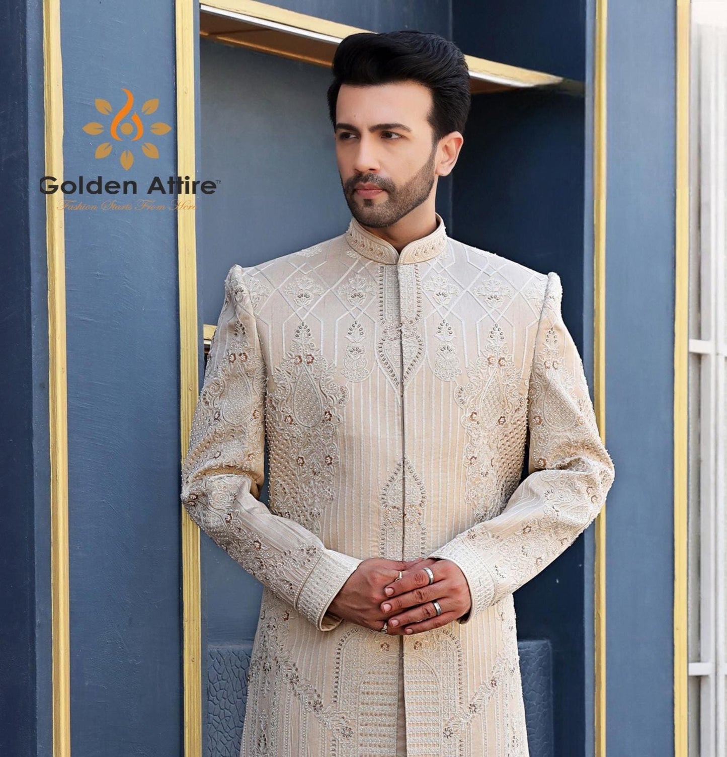 Rose Gold Groom Sherwani: Zardozi Embroidery, Wedding Outfit