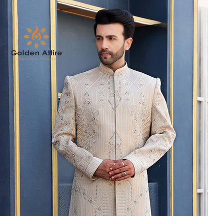 Rose Gold Groom Sherwani: Zardozi Embroidery, Wedding Outfit