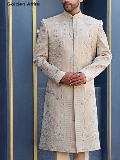 Rose Gold Groom Sherwani: Zardozi Embroidery, Wedding Outfit