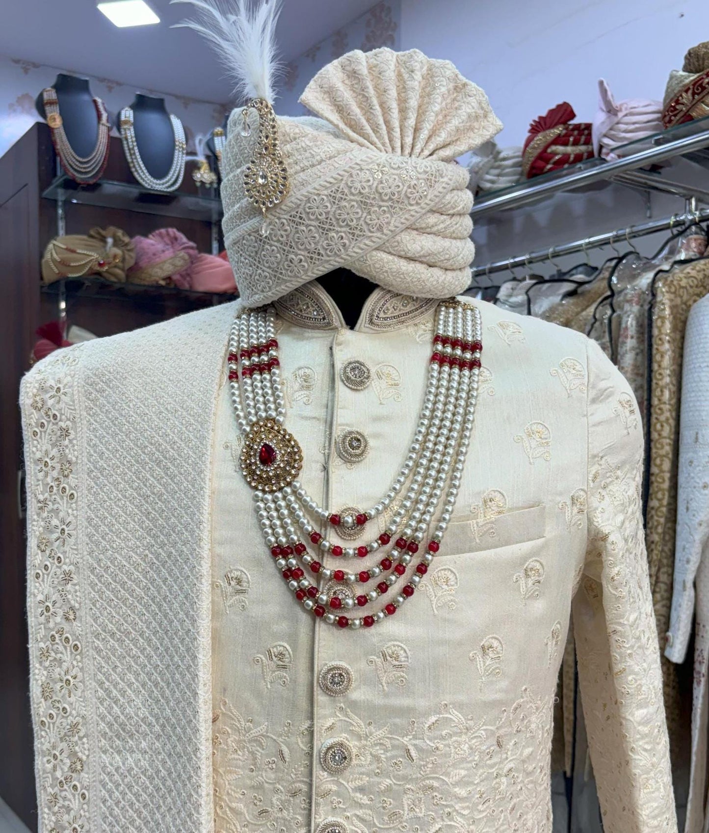 Indian Groom Sherwani Necklace, Pearl & Stone Beads Kantha