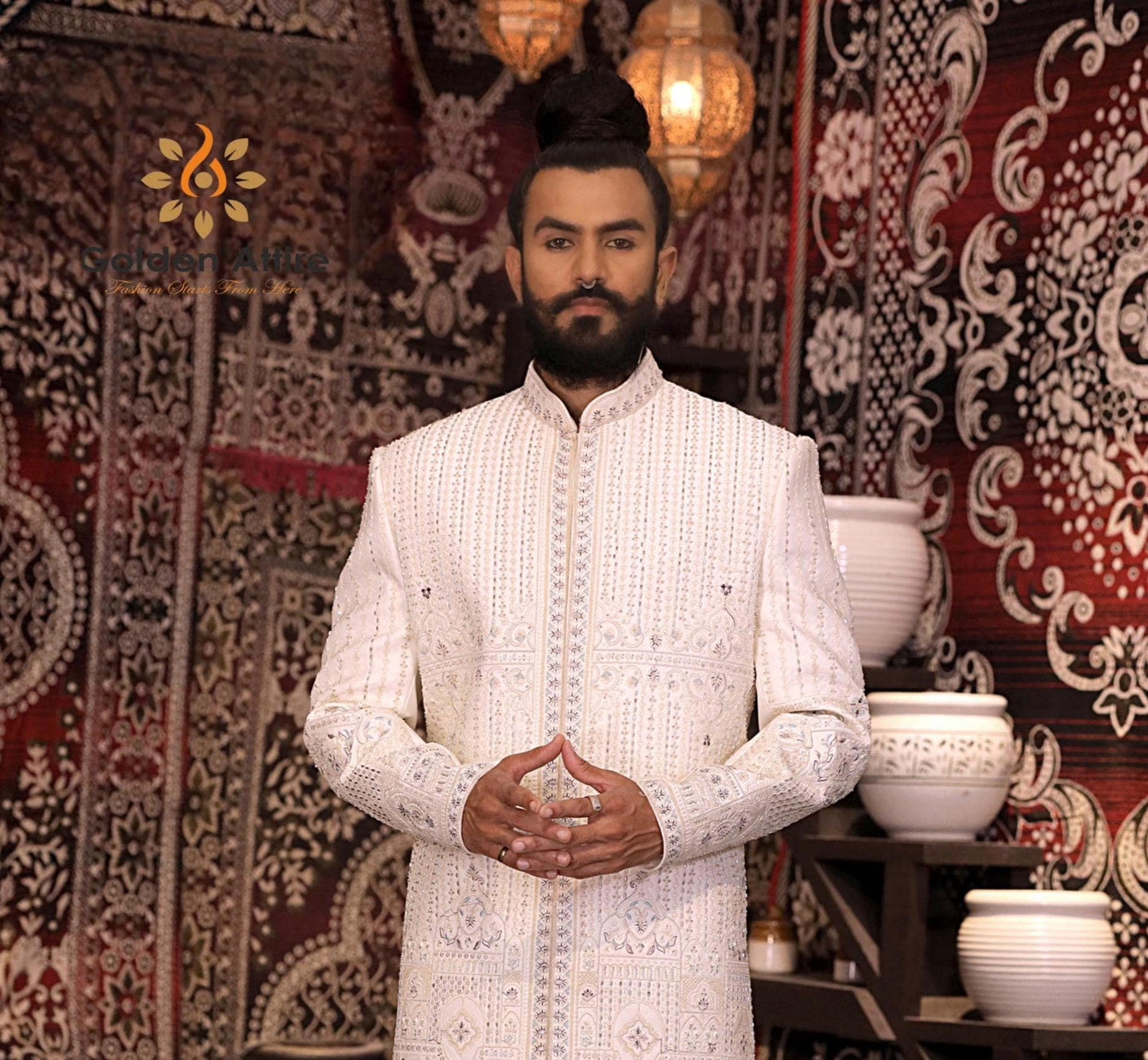 Ivory Groom Sherwani, Zardozi & Thread Embroidery, Wedding Elegant Outfit