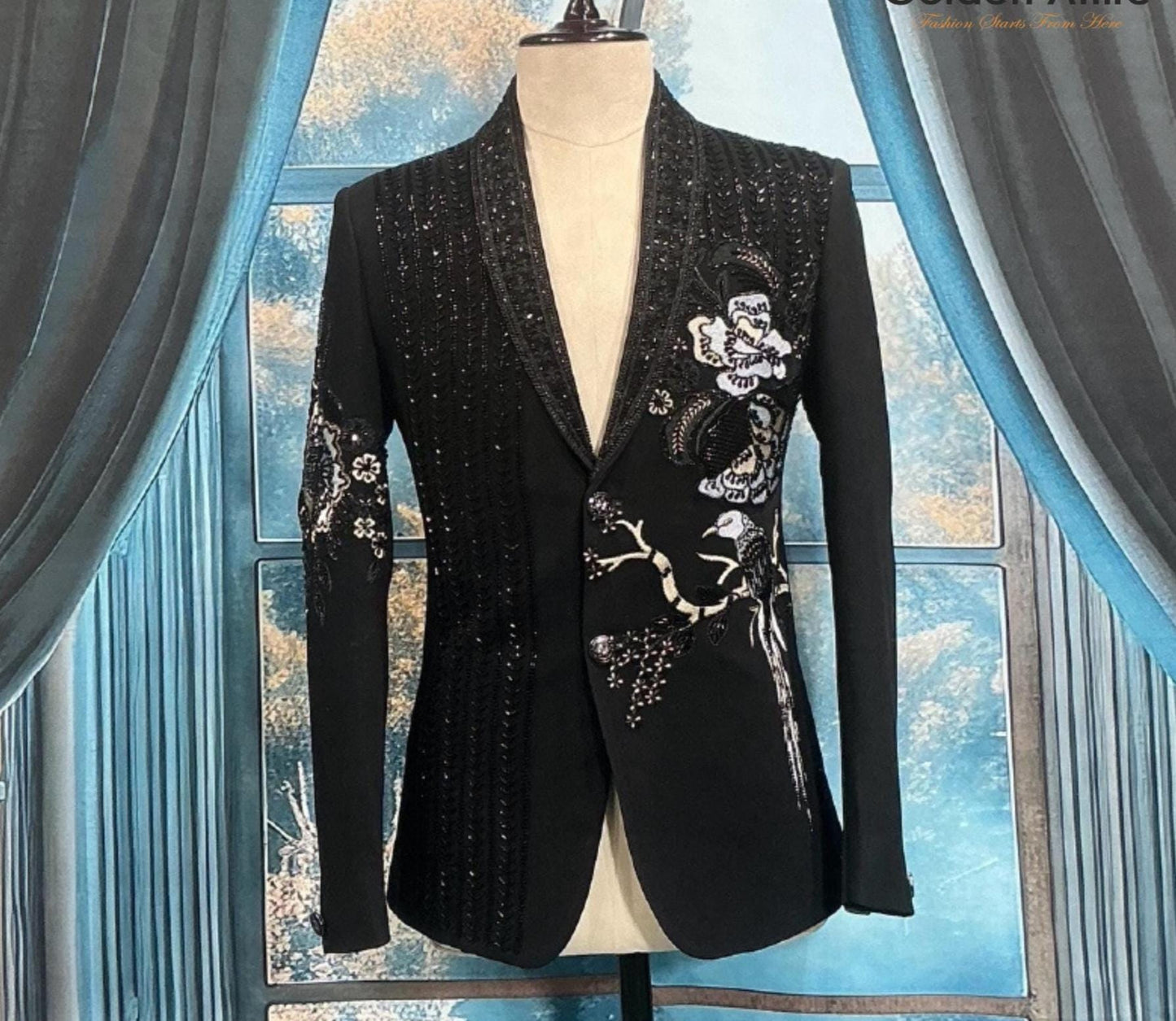 Men's Black Tuxedo Suit, Zardozi Embroidery, Custom Fit, Shawl lapel dinner suit jacket